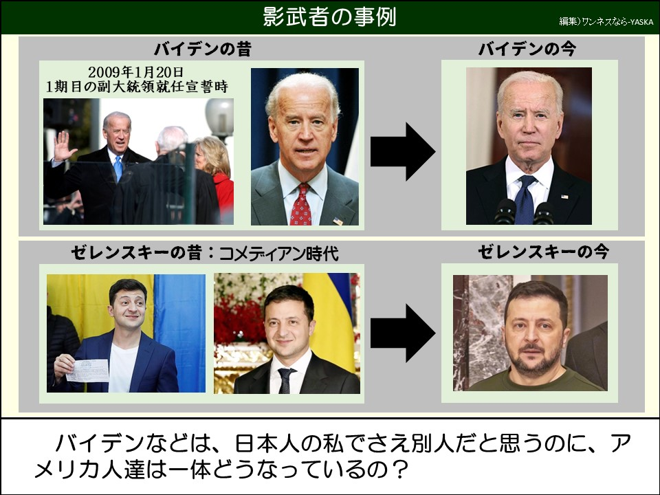 影武者の事例

バイデンの昔

2009年1月20日

1期目の副大統領就任宣誓時

バイデンの今

ゼレンスキーの昔: コメディアン時代

ゼレンスキーの今

バイデンなどは、日本人の私でさえ別人だと思うのに、アメリカ人達は一体どうなっているの?