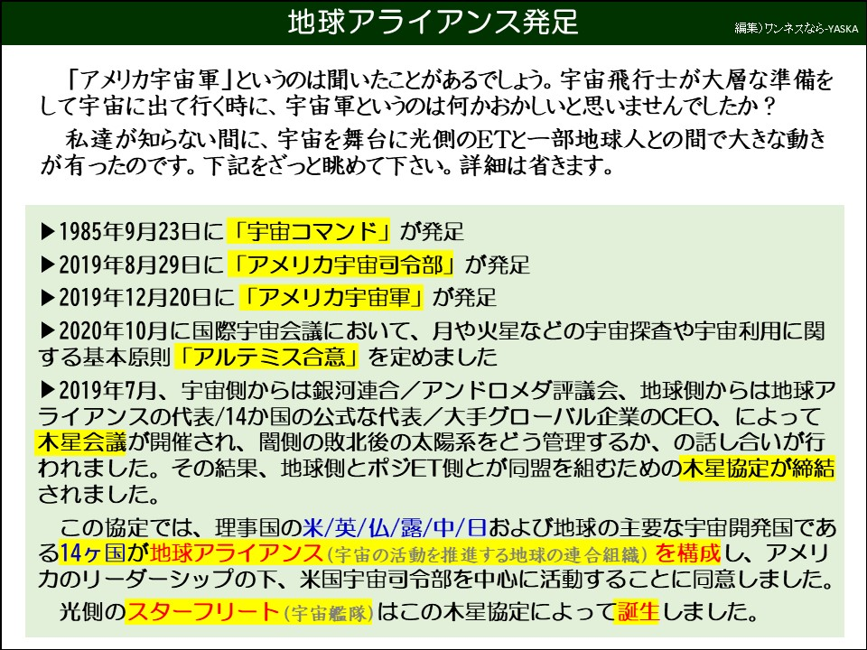 地球アライアンス発足

「アメリカ宇宙軍」というのは聞いたことがあるでしょう。宇宙飛行士が大層な準備をして宇宙に出て行く時に、宇宙軍というのは何かおかしいと思いませんでしたか?

私達が知らない間に、宇宙を舞台に光側のETと一部地球人との間で大きな動きが有ったのです。下記をざっと眺めて下さい。詳細は省きます。

・1985年9月23日に「宇宙コマンド」が発足

・2019年8月29日に「アメリカ宇宙司令部」が発足

・2019年12月20日に「アメリカ宇宙軍」が発足

▶2020年10月に国際宇宙会議において、月や火星などの宇宙探査や宇宙利用に関する基本原則「アルテミス合意」を定めました

▶2019年7月、宇宙側からは銀河連合/アンドロメダ評議会、地球側からは地球アライアンスの代表/14か国の公式な代表/大手グローバル企業のCEO、によって木星会議が開催され、闇側の敗北後の太陽系をどう管理するか、の話し合いが行われました。その結果、地球側とポジET側とが同盟を組むための木星協定が締結されました。

この協定では、理事国の米/英/仏/露/中/日および地球の主要な宇宙開発国である14ヶ国が地球アライアンス(宇宙の活動を推進する地球の連合組織)を構成し、アメリカのリーダーシップの下、米国宇宙司令部を中心に活動することに同意しました。

光側のスターフリート(宇宙艦隊)はこの木星協定によって誕生しました。