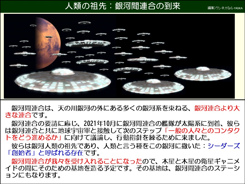 人類の祖先:銀河間連合の到来

銀河間連合は、天の川銀河の外にある多くの銀河系を束ねる、銀河連合より大きな連合です。

銀河連合の要請に応じ、2021年10月に銀河間連合の艦隊が太陽系に到着、彼らは銀河連合と共に地球宇宙軍と接触して次のステップ 「一般の人々とのコンタクトをどう進めるか」に向けて議論し、行動指針を練るために来ました。

彼らは銀河人類の祖先であり、人類と言う種をこの銀河に撒いた:シーダーズ 「創始者」と呼ばれる存在です。

銀河間連合が我々を受け入れることになったので、木星と木星の衛星ギャニメイドの間にそのための基地を造る予定です。その基地は、銀河間連合のステーションにもなります。