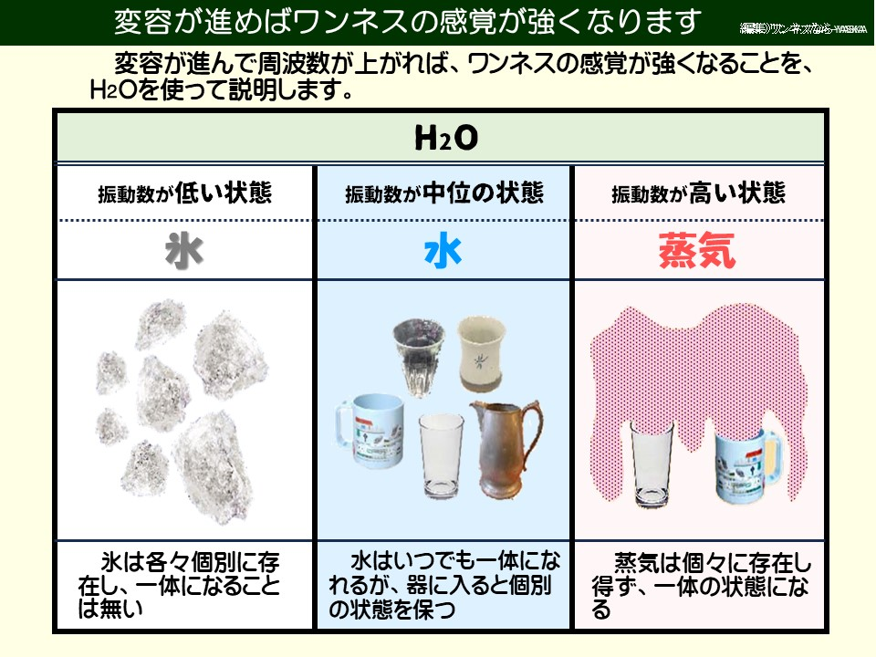 変容が進めばワンネスの感覚が強くなります

変容が進んで周波数が上がれば、ワンネスの感覚が強くなることを、H2Oを使って説明します。

H2O

振動数が低い状態

振動数が中位の状態

水

振動数が高い状態

蒸気

氷は各々個別に存在し、一体になることは無い

水はいつでも一体になれるが、器に入ると個別の状態を保つ

蒸気は個々に存在し得ず、一体の状態になる