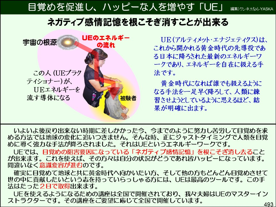 目覚めを促進し、ハッピーな人を増やす「UE」

編集) ワンネスなら-YASKA

ネガティブ感情記憶を根こそぎ消すことが出来る

宇宙の根源

UEのエネルギーの流れ

UE(アルティメット・エナジェティクス)は、 これから開かれる黄金時代の先導役である日本に降ろされた最新のエネルギーワークであり、エネルギーを自在に扱える手法です。

この人(UEプラクティショナー)が、 UEエネルギーを流す導体になる

被験者

黄金時代になれば誰でも扱えるようになる手法を一足早く降ろして、人類に練習させようとしているように思えるほど、結果が明確に出ます。

いよいよ後戻り出来ない時期に差しかかった今、今までのように努力し苦労して目覚めを求める方法では地球の変化に追いつきません。 正にジャストタイミングで人類を目覚めに導く強力な手法が降ろされました。それはUEというエネルギーワークです。

UEでは、目覚めの阻害要因になっている「ネガティブ感情記憶」を根こそぎ消し去ることが出来ます。これを使えば、その方々は自分の状況がどうであれ皆ハッピーになっています。 間違いなく意識変容が進むのです。

確実に目覚めて地球と共に黄金時代へ向かいたい方、そして他の方もどんどん目覚めさせて世の中に貢献したいという志を持っていらっしゃる方には、UEは最高のツールです。この手法はたった2日で取得出来ます。

UEを使えるようになるための講座は全国で開催されており、我々夫婦はUEのマスターインストラクターです。その講座をご要望に応じて全国で開催しています。

493