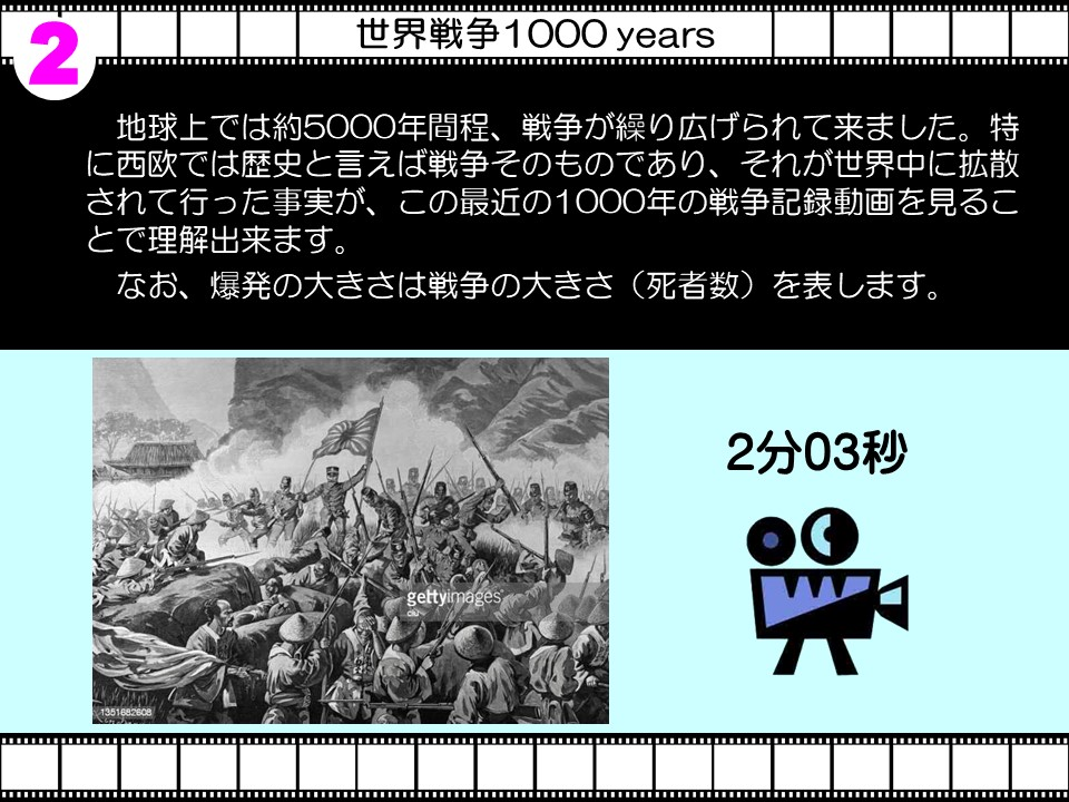2

世界戦争1000 years

地球上では約5000年間程、戦争が繰り広げられて来ました。特に西欧では歴史と言えば戦争そのものであり、それが世界中に拡散されて行った事実が、この最近の1000年の戦争記録動画を見ることで理解出来ます。

なお、爆発の大きさは戦争の大きさ(死者数)を表します。