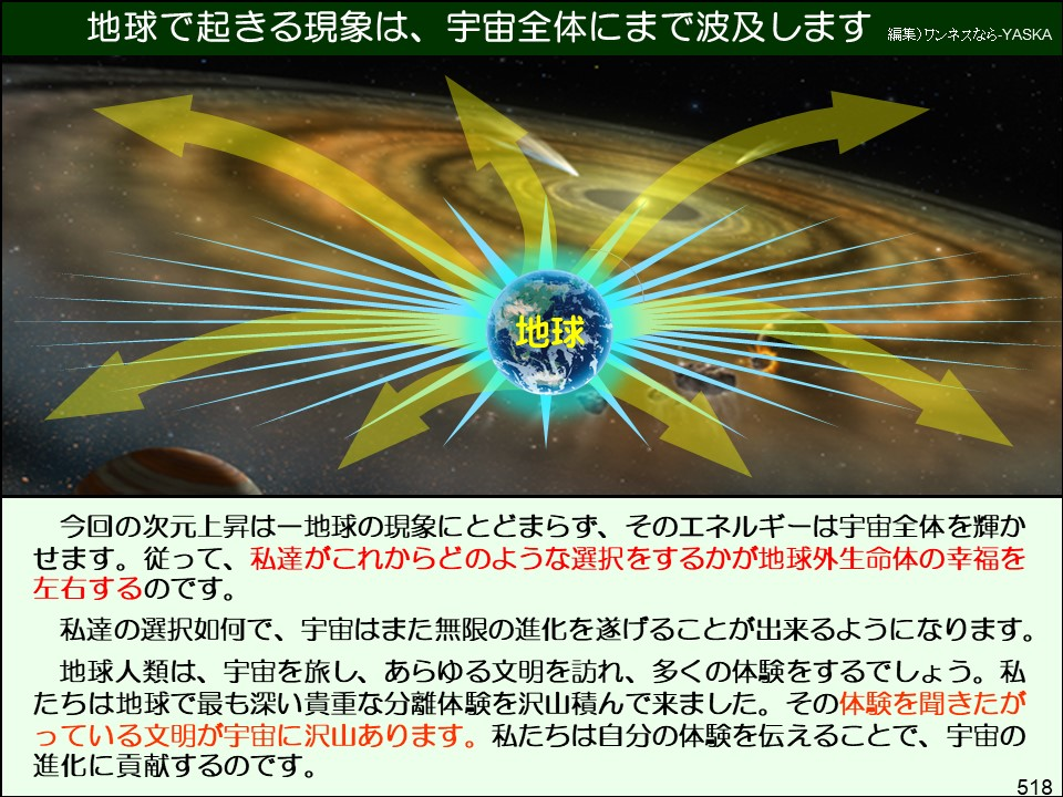 地球で起きる現象は、宇宙全体にまで波及します

編集)ワンネスなら-YASKA

地球

今回の次元上昇は一地球の現象にとどまらず、そのエネルギーは宇宙全体を輝かせます。従って、私達がこれからどのような選択をするかが地球外生命体の幸福を左右するのです。

私達の選択如何で、宇宙はまた無限の進化を遂げることが出来るようになります。

地球人類は、宇宙を旅し、あらゆる文明を訪れ、多くの体験をするでしょう。私たちは地球で最も深い貴重な分離体験を沢山積んで来ました。その体験を聞きたがっている文明が宇宙に沢山あります。私たちは自分の体験を伝えることで、宇宙の進化に貢献するのです。

518