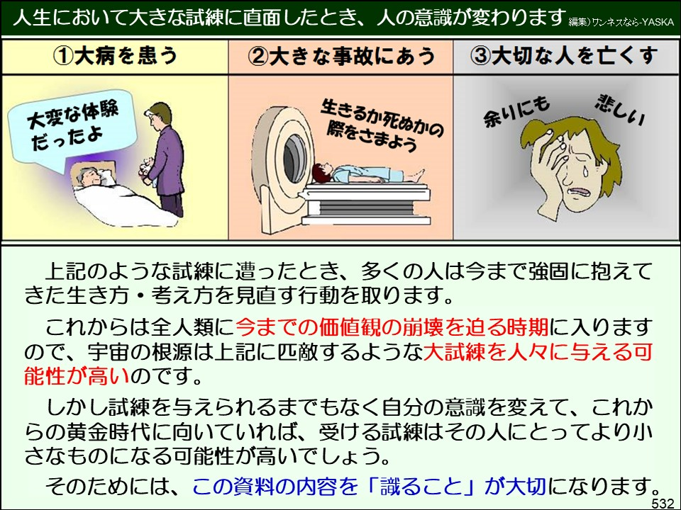 人生において大きな試練に直面したとき、人の意識が変わります

編集)サンネスなら-YASKA

①大病を患う

②大きな事故にあう

③大切な人を亡くす

大変な体験だったよ

生きるか死ぬかの際をさまよう

余りにも

悲しい

上記のような試練に遭ったとき、多くの人は今まで強固に抱えてきた生き方・考え方を見直す行動を取ります。

これからは全人類に今までの価値観の崩壊を迫る時期に入りますので、宇宙の根源は上記に匹敵するような大試練を人々に与える可能性が高いのです。

しかし試練を与えられるまでもなく自分の意識を変えて、これからの黄金時代に向いていれば、受ける試練はその人にとってより小さなものになる可能性が高いでしょう。

そのためには、この資料の内容を「識ること」が大切になります。

532