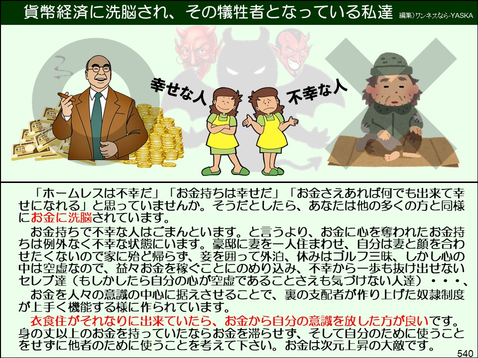 貨幣経済に洗脳され、その犠牲者となっている私達

編集)ワンネスなら-YASKA

幸せな人

不幸な人

「ホームレスは不幸だ」「お金持ちは幸せだ」「お金さえあれば何でも出来て幸せになれる」と思っていませんか。そうだとしたら、あなたは他の多くの方と同様にお金に洗脳されています。

お金持ちで不幸な人はごまんといます。と言うより、お金に心を奪われたお金持ちは例外なく不幸な状態にいます。豪邸に妻を一人住まわせ、自分は妻と顔を合わせたくないので家に殆ど帰らず、妾を囲って外泊、休みはゴルフ三昧、しかし心の中は空虚なので、益々お金を稼ぐことにのめり込み、不幸から一歩も抜け出せないセレブ達(もしかしたら自分の心が空虚であることさえも気づけない人達)・・・、

お金を人々の意識の中心に据えさせることで、裏の支配者が作り上げた奴隷制度が上手く機能する様に作られています。

衣食住がそれなりに出来ていたら、お金から自分の意識を放した方が良いです。

身の丈以上のお金を持っていたならお金を滞らせず、そして自分のために使うことをせずに他者のために使うことを考えて下さい。お金は次元上昇の大敵です。

540