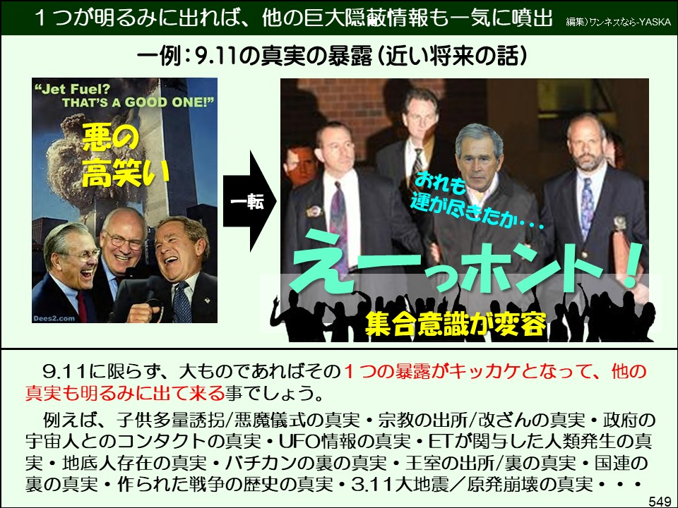 1つが明るみに出れば、他の巨大隠蔽情報も一気に噴出

編集)ワンネスなら-YASKA

一例:9.11の真実の暴露 (近い将来の話)

「ジェット燃料？

それはいい質問だ！」

悪の高笑い

一転

おれも運が尽きたか･･･

えーっホント

集合意識が変容」

Dees2.com

9.11に限らず、大ものであればその1つの暴露がキッカケとなって、他の真実も明るみに出て来る事でしょう。

例えば、子供多量誘拐/悪魔儀式の真実・宗教の出所/改ざんの真実・政府の宇宙人とのコンタクトの真実・UFO情報の真実・ETが関与した人類発生の真実・地底人存在の真実・バチカンの裏の真実・王室の出所/裏の真実・国連の裏の真実・作られた戦争の歴史の真実・3.11大地震/原発崩壊の真実・・・

549