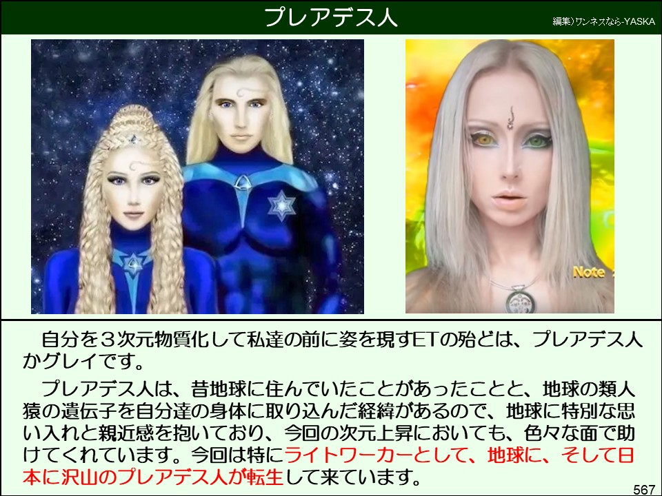 プレアデス人

編集)ワンネスなら-YASKA

注記

自分を3次元物質化して私達の前に姿を現すETの殆どは、プレアデス人かグレイです。

プレアデス人は、昔地球に住んでいたことがあったことと、地球の類人猿の遺伝子を自分達の身体に取り込んだ経緯があるので、地球に特別な思い入れと親近感を抱いており、今回の次元上昇においても、色々な面で助けてくれています。今回は特にライトワーカーとして、地球に、そして日本に沢山のプレアデス人が転生して来ています。

567