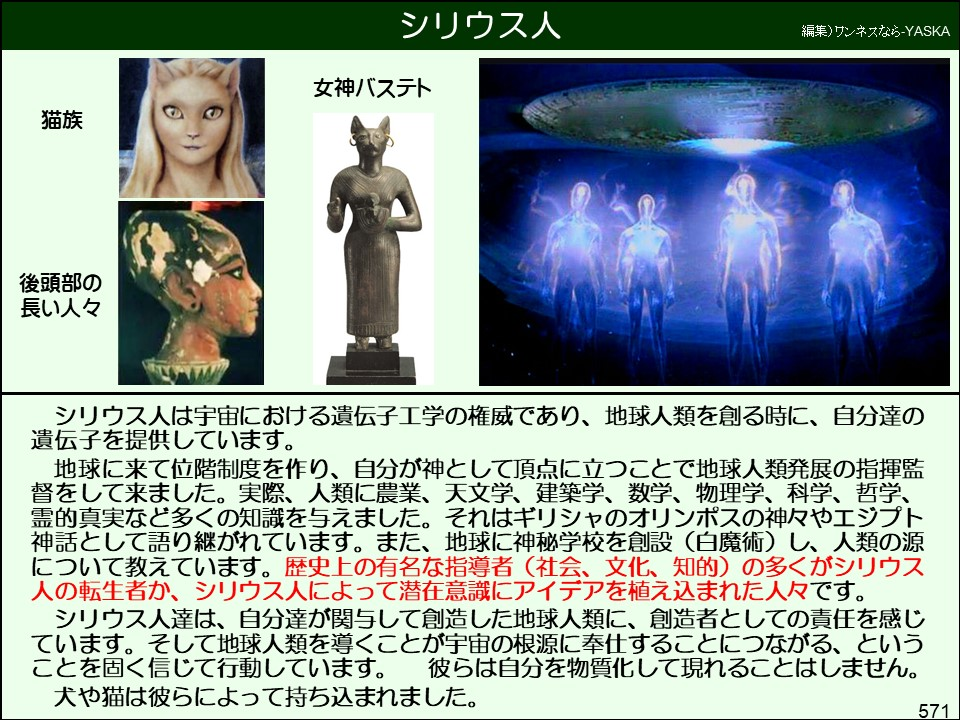 シリウス人

編集)ワンネスなら-YASKA

女神バステト

猫族

後頭部の長い人々

シリウス人は宇宙における遺伝子工学の権威であり、地球人類を創る時に、自分達の遺伝子を提供しています。

地球に来て位階制度を作り、自分が神として頂点に立つことで地球人類発展の指揮監督をして来ました。実際、人類に農業、天文学、建築学、数学、物理学、科学、哲学、 霊的真実など多くの知識を与えました。それはギリシャのオリンポスの神々やエジプト神話として語り継がれています。また、地球に神秘学校を創設 (白魔術)し、人類の源について教えています。歴史上の有名な指導者(社会、文化、 歴史上の有名な指導者(社会、文化、知的)の多くがシリウス人の転生者か、シリウス人によって潜在意識にアイデアを植え込まれた人々です。 シリウス人達は、自分達が関与して創造した地球人類に、創造者としての責任を感じています。そして地球人類を導くことが宇宙の根源に奉仕することにつながる、ということを固く信じて行動しています。彼らは自分を物質化して現れることはしません。

犬や猫は彼らによって持ち込まれました。

571