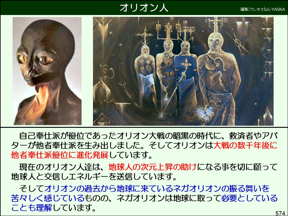 オリオン人

編集)ワンネスなら-YASKA

自己奉仕派が優位であったオリオン大戦の暗黒の時代に、救済者やアバターが他者奉仕派を生み出しました。そしてオリオンは大戦の数千年後に他者奉仕派優位に進化発展しています。

現在のオリオン人達は、地球人の次元上昇の助けになる事を切に願って地球人と交信しエネルギーを送信しています。

そしてオリオンの過去から地球に来ているネガオリオンの振る舞いを苦々しく感じているものの、ネガオリオンは地球に取って必要としていることも理解しています。

574