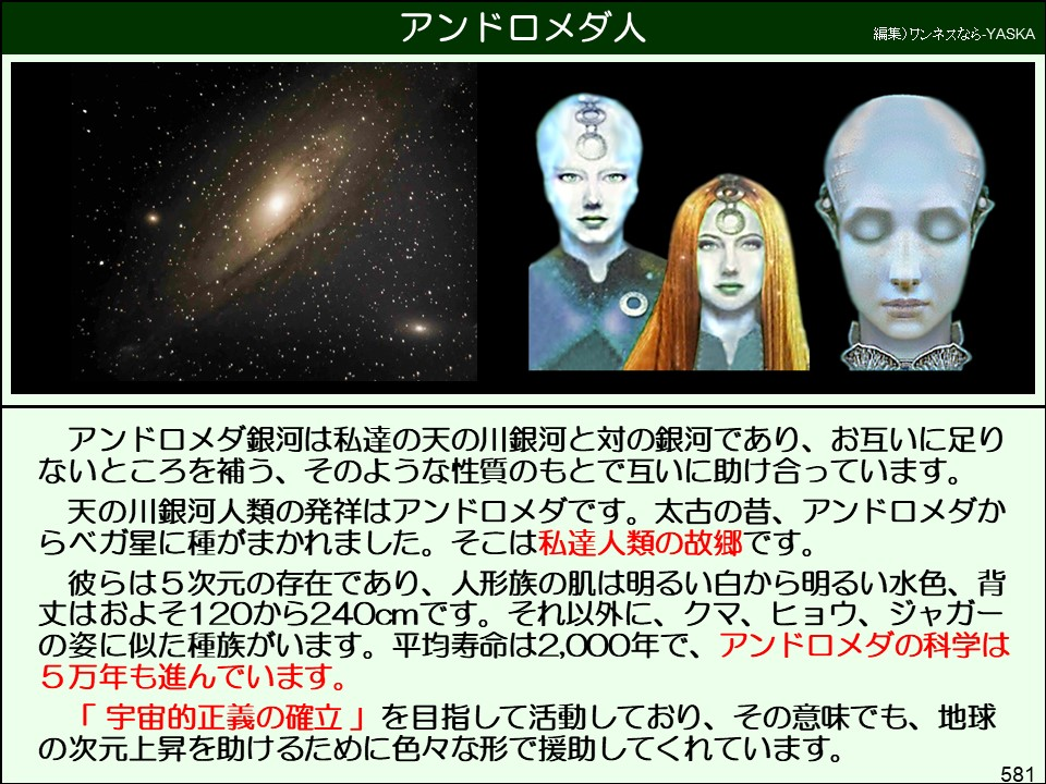 アンドロメダ人

編集)ワンネスなら-YASKA

アンドロメダ銀河は私達の天の川銀河と対の銀河であり、お互いに足りないところを補う、そのような性質のもとで互いに助け合っています。

天の川銀河人類の発祥はアンドロメダです。太古の昔、アンドロメダからベガ星に種がまかれました。そこは私達人類の故郷です。

彼らは5次元の存在であり、人形族の肌は明るい白から明るい水色、背丈はおよそ120から240cmです。それ以外に、クマ、ヒョウ、ジャガーの姿に似た種族がいます。平均寿命は2,000年で、アンドロメダの科学は 5万年も進んでいます。

「宇宙的正義の確立」を目指して活動しており、その意味でも、地球の次元上昇を助けるために色々な形で援助してくれています。

581