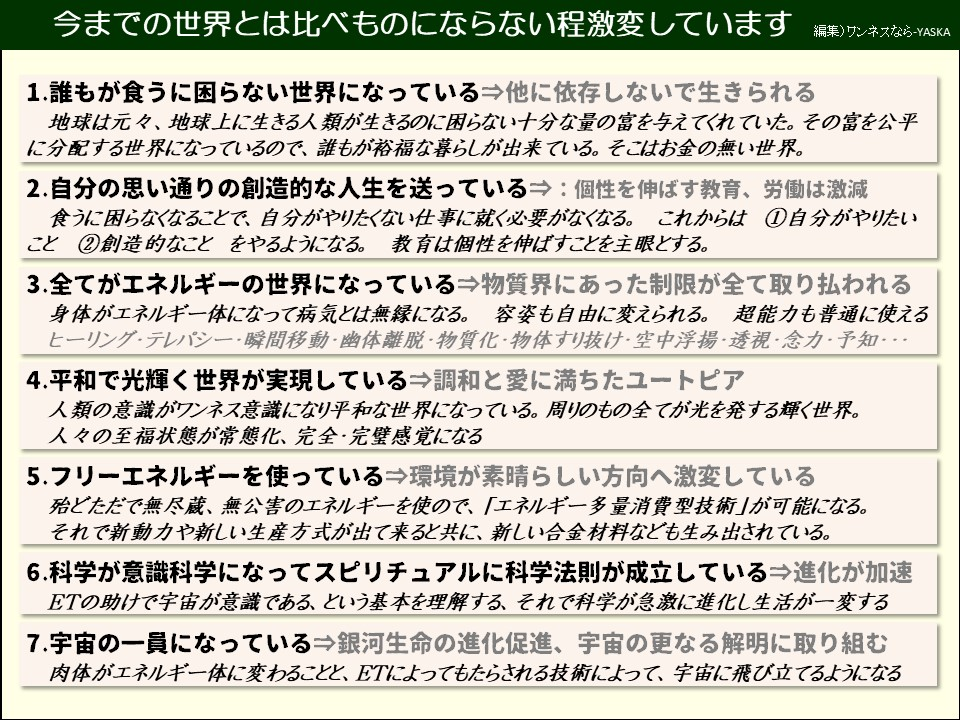 今までの世界とは比べものにならない程激変しています

1.誰もが食うに困らない世界になっている⇒他に依存しないで生きられる

地球は元々、地球上に生きる人類が生きるのに困らない十分な量の富を与えてくれていた。その富を公平に分配する世界になっているので、誰もが裕福な暮らしが出来ている。そこはお金の無い世界。

2. 自分の思い通りの創造的な人生を送っている⇒: 個性を伸ばす教育、労働は激減

食うに困らなくなることで、自分がやりたくない仕事に就く必要がなくなる。これからは①自分がやりたいこと②創造的なことをやるようになる。教育は個性を伸ばすことを主眼とする。

3.全てがエネルギーの世界になっている⇒物質界にあった制限が全て取り払われる身体がエネルギー体になって病気とは無縁になる。容姿も自由に変えられる。超能力も普通に使えるヒーリング・テレパシー・瞬間移動・幽体離脱・物質化・物体すり抜け・空中浮揚・透視·念力・予知………

4.平和で光輝く世界が実現している⇒調和と愛に満ちたユートピア

人類の意識がワンネス意識になり平和な世界になっている。周りのもの全てが光を発する輝く世界。 人々の至福状態が常態化、完全・完璧感覚になる

5. フリーエネルギーを使っている⇒環境が素晴らしい方向へ激変している

殆どただで無尽蔵、無公害のエネルギーを使ので、「エネルギー多量消費型技術」が可能になる。 それで新動力や新しい生産方式が出て来ると共に、新しい合金材料なども生み出されている。

6.科学が意識科学になってスピリチュアルに科学法則が成立している⇒進化が加速 ETの助けで宇宙が意識である、という基本を理解する、それで科学が急激に進化し生活が一変する

7.宇宙の一員になっている⇒銀河生命の進化促進、宇宙の更なる解明に取り組む肉体がエネルギー体に変わることと、ETによってもたらされる技術によって、宇宙に飛び立てるようになる