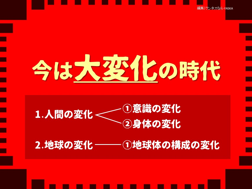 今は大変化の時代

1.人間の変化

①意識の変化

②身体の変化

2.地球の変化

――①地球体の構成の変化
