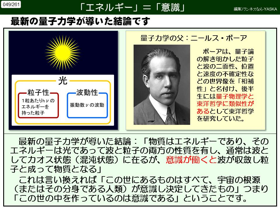 049/261

「エネルギー」=「意識」

編集)ワンネスなら-YASKA

最新の量子力学が導いた結論です

量子力学の父:ニールス・ボーア

ボーアは、量子論の解き明かした粒子と波の二面性、位置と速度の不確定性などの世界像を「相補性」と名付け、後半生には量子物理学と東洋哲学に類似性があるとして東洋哲学を研究していた。

光

-粒子性-

1粒あたりhvのエネルギーを持った粒子

波動性

振動数の波動

最新の量子力学が導いた結論:「物質はエネルギーであり、そのエネルギーは光であって波と粒子の両方の性質を有し、通常は波としてカオス状態(混沌状態)に在るが、意識が働くと波が収斂し粒子と成って物質となる」

これは言い換えれば「この世にあるものはすべて、宇宙の根源 (またはその分身である人類)が意識し決定してきたもの」つまり 「この世の中を作っているのは意識である」ということです。