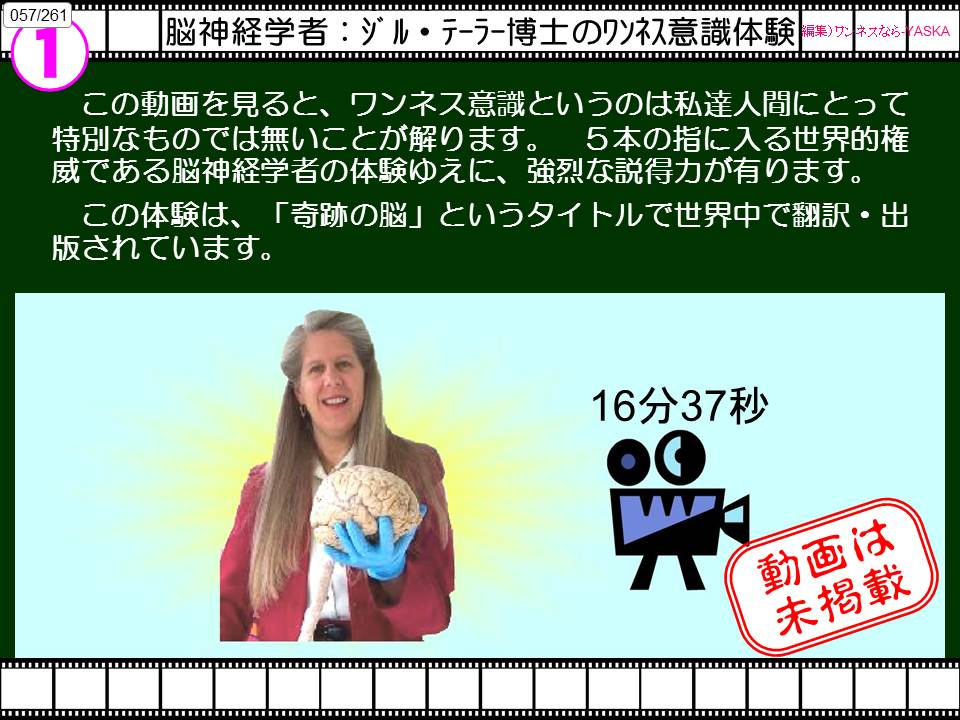 057/261

【脳神経学者:ジル・テーラー博士のクン初意識体験

編集)ワンネス

なら

灰

この動画を見ると、ワンネス意識というのは私達人間にとって特別なものでは無いことが解ります。5本の指に入る世界的権威である脳神経学者の体験ゆえに、強烈な説得力が有ります。

この体験は、「奇跡の脳」というタイトルで世界中で翻訳・出版されています。

16分37秒

動画は未掲載