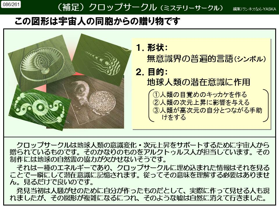 086/261

(補足) クロップサークル (ミステリーサークル)

編集)ワンネスなら-YASKA

この図形は宇宙人の同胞からの贈り物です

1. 形状:

無意識界の普遍的言語(シンボル)

2.目的:

地球人類の潜在意識に作用

①人類の目覚めのキッカケを作る

②人類の次元上昇に影響を与える

③人類が高次元の自分とつながる手助けをする

クロップサークルは地球人類の意識変化・次元上昇をサポートするために宇宙人から贈られているものです。そのかなりのものをアルクトゥルス人が担当しています。その制作には地球の自然霊の協力が欠かせないそうです。

それは一種のエネルギーであり、クロップサークルに埋め込まれた情報はそれを見ることで一瞬にして潜在意識に記憶されます。従ってその意味を理解する必要はありません。見るだけで良いのです。

発見当初は人騒がせのために自分が作ったものだとして、実際に作って見せる人も現れましたが、その図形が複雑になるにつれ、そのような嘘は自然に消えて行きました。