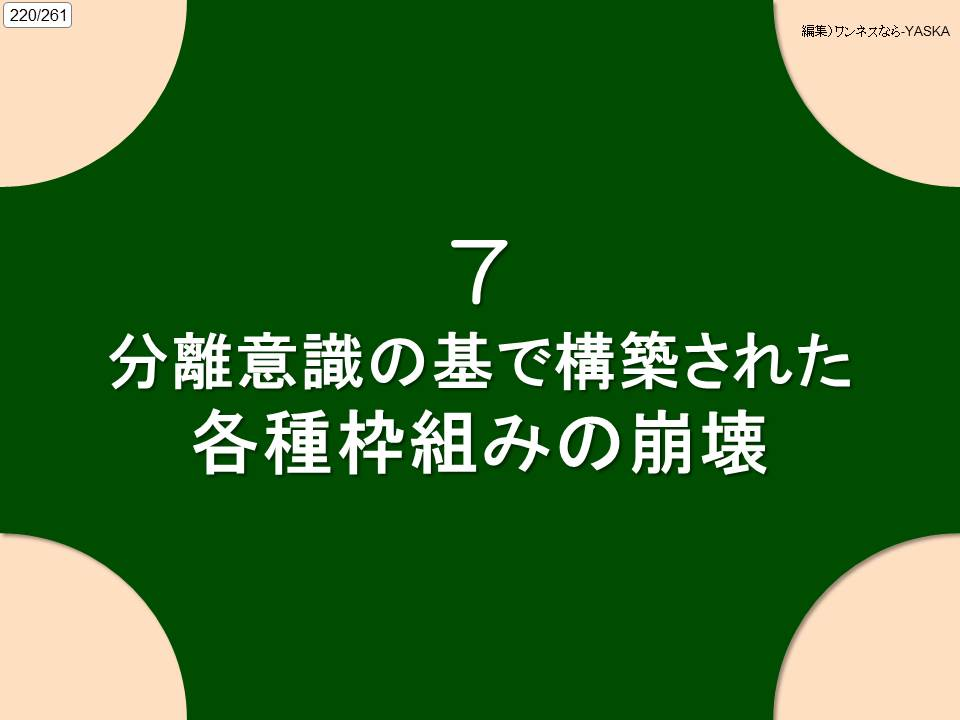 220/261

編集) ワンネスなら-YASKA

7

分離意識の基で構築された

各種枠組みの崩壊