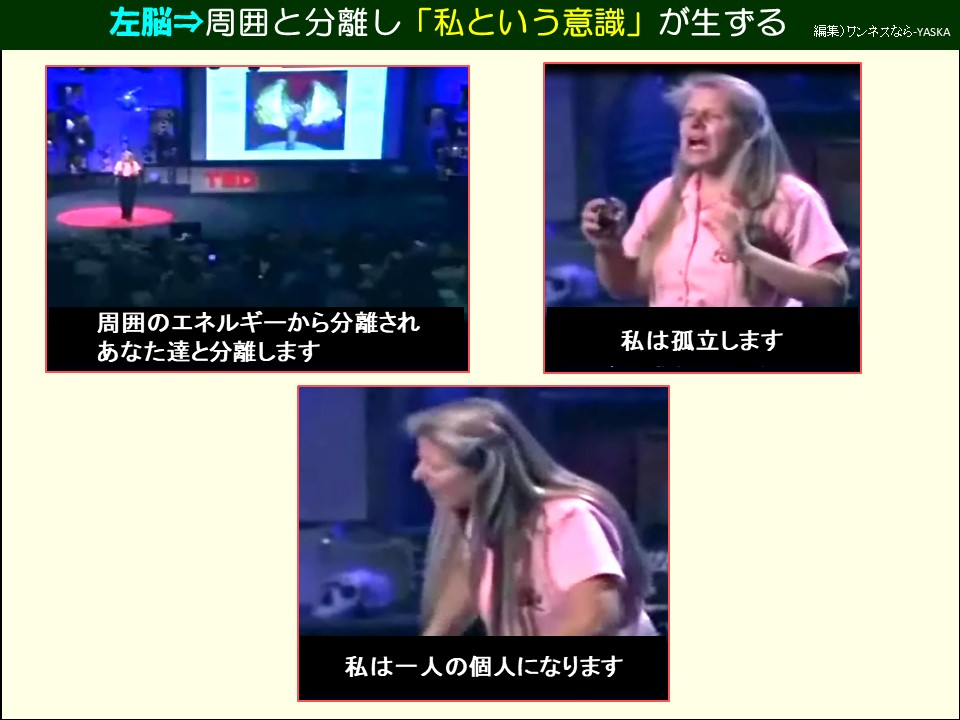 左脳→周囲と分離し「私という意識」が生ずる

周囲のエネルギーから分離されあなた達と分離します

私は孤立します

私は一人の個人になります