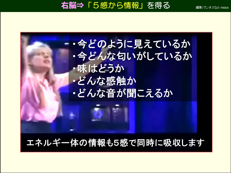 右脳⇒「5感から情報」を得る

・今どのように見えているか

・今どんな匂いがしているか

・味はどうか

・どんな感触か

・どんな音が聞こえるか

エネルギー体の情報も5感で同時に吸収します