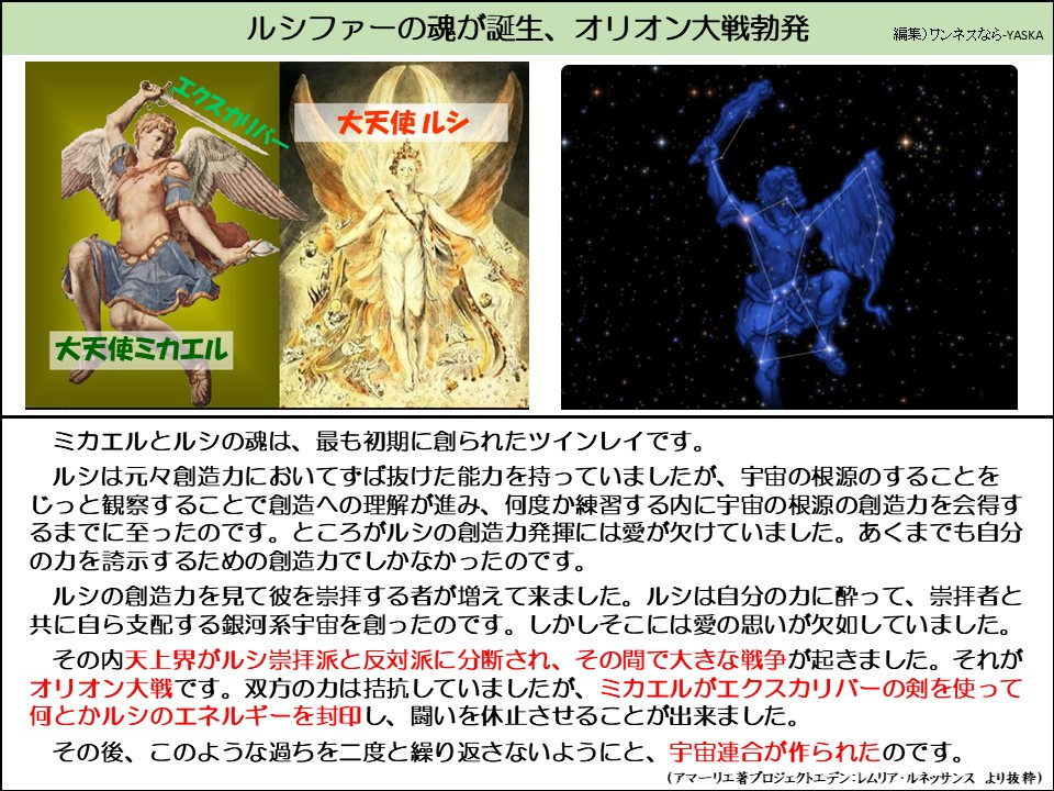 ルシファーの魂が誕生、オリオン大戦勃発

エクスカリバー

大天使ルシ

大天使ミカエル

ミカエルとルシの魂は、最も初期に創られたツインレイです。

ルシは元々創造力においてずば抜けた能力を持っていましたが、宇宙の根源のすることをじっと観察することで創造への理解が進み、何度か練習する内に宇宙の根源の創造力を会得するまでに至ったのです。ところがルシの創造力発揮には愛が欠けていました。あくまでも自分の力を誇示するための創造力でしかなかったのです。

ルシの創造力を見て彼を崇拝する者が増えて来ました。ルシは自分の力に酔って、崇拝者と共に自ら支配する銀河系宇宙を創ったのです。しかしそこには愛の思いが欠如していました。 その内天上界がルシ崇拝派と反対派に分断され、その間で大きな戦争が起きました。それがオリオン大戦です。双方の力は拮抗していましたが、ミカエルがエクスカリバーの剣を使って何とかルシのエネルギーを封印し、闘いを休止させることが出来ました。

その後、このような過ちを二度と繰り返さないようにと、宇宙連合が作られたのです。

(アマーリエ著プロジェクトエデン: レムリア・ルネッサンス より抜粋)