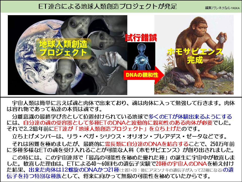 ET連合による地球人類創造プロジェクトが発足

地球人類創造プロジェクト

試行錯誤

ホモサピエンス完成

DNAの親和性

宇宙人類は簡単に言えば魂と肉体で出来ており、魂は肉体に入って勉強して行きます。肉体は容れ物であって私達の本質は魂です。

分離意識の最終学び舎として位置付けられている地球で多くのETが体験出来るようにするには、自分達の魂の受容器として多種ETのDNAと波動的に親和性のある肉体が必要でした。

それで2.2億年前にET達が「地球人類創造プロジェクト」を立ち上げたのです。

立ち上げメンバーは、リラ・ベガ・シリウス・オリオン・プレアデス・ゼータなどです。

それは困難を極めましたが、最終的に霊長類に自分達のDNAを結合することで、250万年前に多種多様なETの魂を受け入れることが可能な人科(ホモサピエンス)が創り出されました。

この時には、この宇宙連邦で「最高の可能性を秘めた優れた種」の誕生に宇宙中が歓喜しました。歓喜した理由は、ETによる40~60回もの遺伝子実験で20種の宇宙人のDNAを植え付けた結果、出来た肉体は12螺旋のDNAかつ21種(土着1+20: 後にアヌンナキの遺伝子が入って22種になる)の遺伝子を持つ特別な種族として、将来に向かって無限の可能性を秘めていたからです。