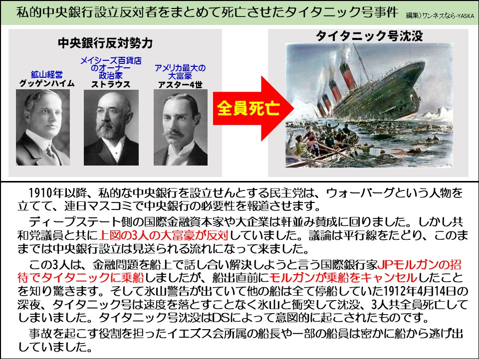 私的中央銀行設立反対者をまとめて死亡させたタイタニック号事件

中央銀行反対勢力

鉱山経営グッゲンハイム

メイシーズ百貨店のオーナ政治家

ストラウス

アメリカ最大の大富豪

アスター4世

タイタニック号沈没

全員死亡

1910年以降、私的な中央銀行を設立せんとする民主党は、ウォーバーグという人物を立てて、連日マスコミで中央銀行の必要性を報道させます。

ディープステート側の国際金融資本家や大企業は軒並み賛成に回りました。しかし共和党議員と共に上図の3人の大富豪が反対していました。議論は平行線をたどり、このままでは中央銀行設立は見送られる流れになって来ました。

この3人は、金融問題を船上で話し合い解決しようと言う国際銀行家JPモルガンの招待でタイタニックに乗船しましたが、船出直前にモルガンが乗船をキャンセルしたことを知り驚きます。そして氷山警告が出ていて他の船は全て停船していた1912年4月14日の深夜、タイタニック号は速度を落とすことなく氷山と衝突して沈没、3人共全員死亡してしまいました。タイタニック号沈没はDSによって意図的に起こされたものです。

事故を起こす役割を担ったイエズス会所属の船長や一部の船員は密かに船から逃げ出していました。