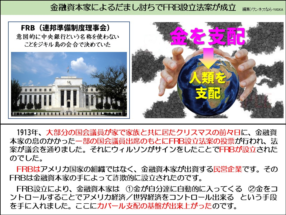 金融資本家によるだまし討ちでFRB設立法案が成立

FRB(連邦準備制度理事会)

意図的に中央銀行という名称を使わないことをジキル島の会合で決めていた

金を支配

人類を支配

1913年、大部分の国会議員が家で家族と共に居たクリスマスの前々日に、金融資本家の息のかかった一部の国会議員出席のもとにFRB設立法案の投票が行われ、法案が議会を通りました。それにウィルソンがサインをしたことでFRBが設立されたのでした。

FRBはアメリカ国家の組織ではなく、金融資本家が出資する民営企業です。その FRBは金融資本家の手によって詐欺的に設立されたのです。

FRB設立により、金融資本家は ①金が自分達に自動的に入ってくる ②金をコントロールすることでアメリカ経済/世界経済をコントロール出来るという手段を手に入れました。ここにカバール支配の基盤が出来上がったのです。