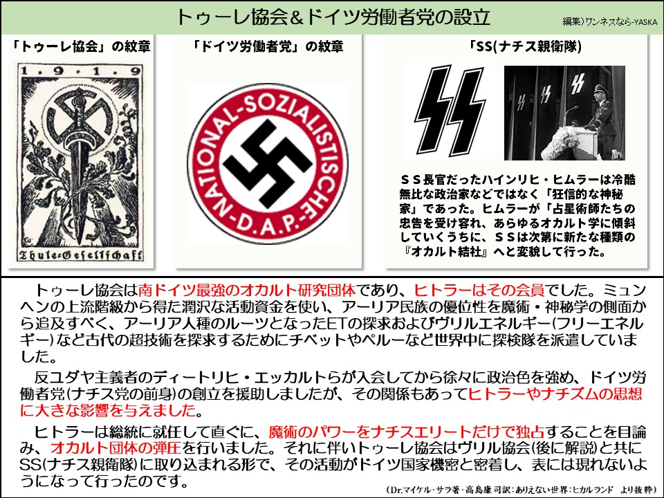 トゥーレ協会&ドイツ労働者党の設立

「トゥーレ協会」の紋章

1919

「ドイツ労働者党」の紋章

「SS(ナチス親衛隊)

ジューレ協会

SS長官だったハインリヒ・ヒムラーは冷酷無比な政治家などではなく「狂信的な神秘家」であった。ヒムラーが「占星術師たちの忠告を受け容れ、あらゆるオカルト学に傾斜していくうちに、SSは次第に新たな種類の 『オカルト結社』へと変貌して行った。

トゥーレ協会は南ドイツ最強のオカルト研究団体であり、ヒトラーはその会員でした。ミュンヘンの上流階級から得た潤沢な活動資金を使い、アーリア民族の優位性を魔術・神秘学の側面から追及すべく、アーリア人種のルーツとなったETの探求およびヴリルエネルギー(フリーエネルギー)など古代の超技術を探求するためにチベットやペルーなど世界中に探検隊を派遣していました。

反ユダヤ主義者のディートリヒ・エッカルトらが入会してから徐々に政治色を強め、ドイツ労働者党(ナチス党の前身)の創立を援助しましたが、その関係もあってヒトラーやナチズムの思想に大きな影響を与えました。

ヒトラーは総統に就任して直ぐに、魔術のパワーをナチスエリートだけで独占することを目論み、オカルト団体の弾圧を行いました。それに伴いトゥーレ協会はヴリル協会(後に解説)と共に SS(ナチス親衛隊)に取り込まれる形で、その活動がドイツ国家機密と密着し、表には現れないようになって行ったのです。

(Dr.マイケル・サラ著・高島康司訳: ありえない世界: ヒカルランド より抜粋)