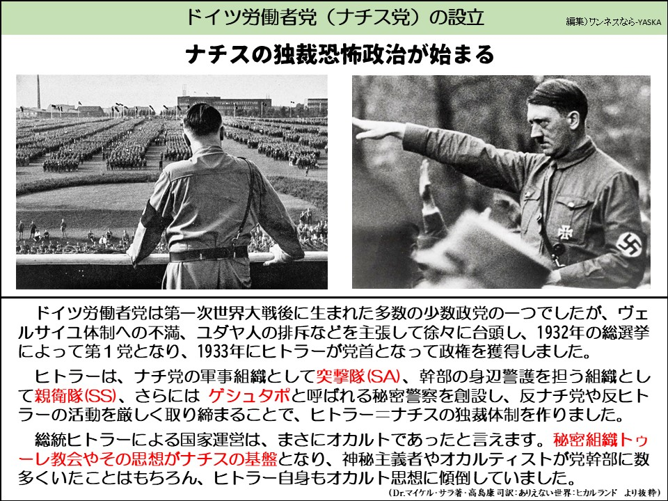 ドイツ労働者党(ナチス党)の設立

ナチスの独裁恐怖政治が始まる

ドイツ労働者党は第一次世界大戦後に生まれた多数の少数政党の一つでしたが、ヴェルサイユ体制への不満、ユダヤ人の排斥などを主張して徐々に台頭し、1932年の総選挙によって第1党となり、1933年にヒトラーが党首となって政権を獲得しました。

ヒトラーは、ナチ党の軍事組織として突撃隊 (SA)、幹部の身辺警護を担う組織として親衛隊(SS)、さらにはゲシュタポと呼ばれる秘密警察を創設し、反ナチ党や反ヒトラーの活動を厳しく取り締まることで、ヒトラー=ナチスの独裁体制を作りました。

総統ヒトラーによる国家運営は、まさにオカルトであったと言えます。秘密組織トゥーレ教会やその思想がナチスの基盤となり、神秘主義者やオカルティストが党幹部に数多くいたことはもちろん、ヒトラー自身もオカルト思想に傾倒していました。

(Dr.マイケル・サラ著・高島康司訳:ありえない世界:ヒカルランド より抜粋)