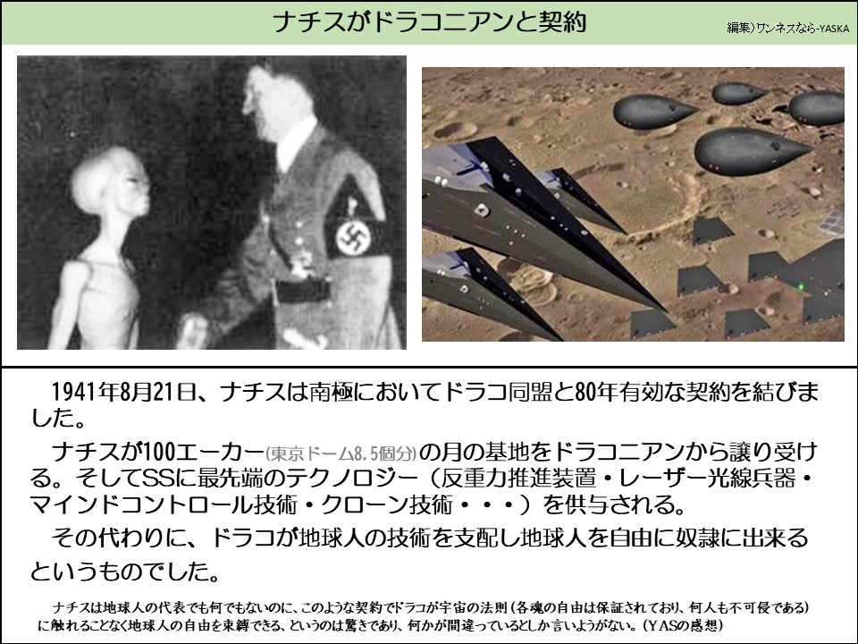 ナチスがドラコニアンと契約

1941年8月21日、ナチスは南極においてドラコ同盟と80年有効な契約を結びました。 

ナチスが100エーカー(東京ドーム8.5個分)の月の基地をドラコニアンから譲り受けそしてSSに最先端のテクノロジー(反重力推進装置・レーザー光線兵器・ マインドコントロール技術・クローン技術・・・)を供与される。

その代わりに、ドラコが地球人の技術を支配し地球人を自由に奴隷に出来るというものでした。

ナチスは地球人の代表でも何でもないのに、このような契約でドラコが宇宙の法則(各魂の自由は保証されており、何人も不可侵である) に触れることなく地球人の自由を束縛できる、というのは驚きであり、何かが間違っているとしか言いようがない。(YASの感想)