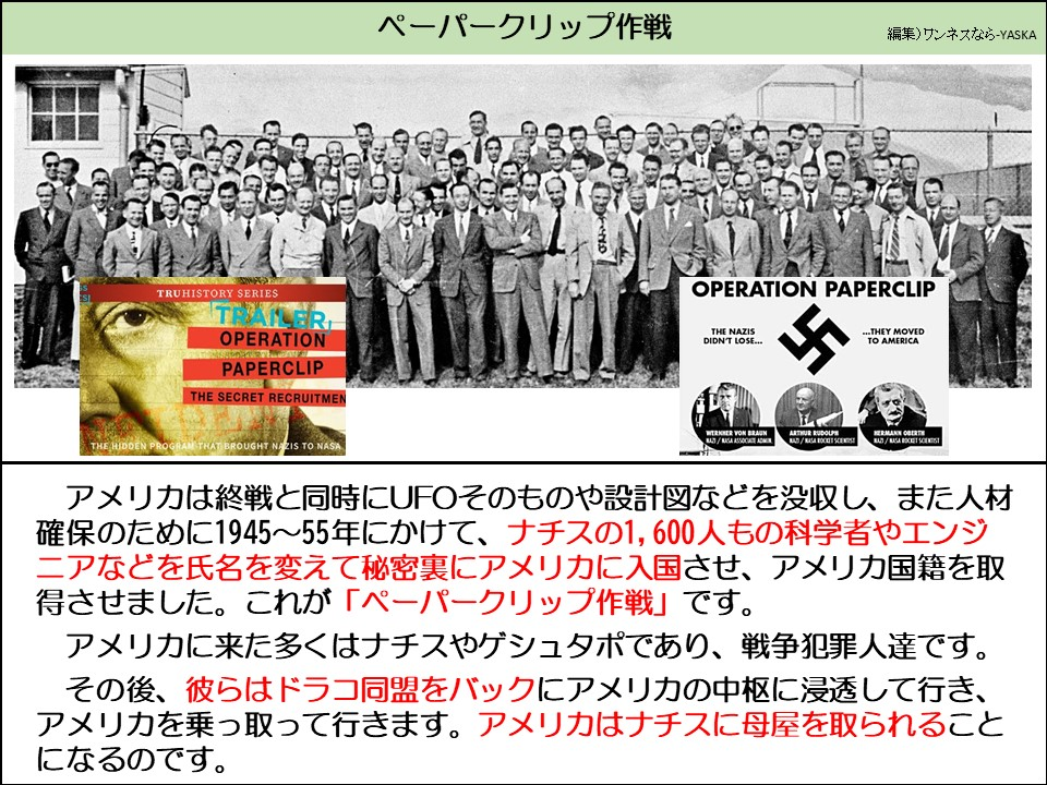 ペーパークリップ作戦

トゥルーヒストリーシリーズ

作戦予告編

ペーパークリップ

秘密の徴兵隊

NASAを調べてください

ペーパークリップ作戦

ナチスは負けなかった…

卐

…彼らはアメリカへ移住した

ヴェルナー・フォン・ブラウン

ルドルフ

アメリカは終戦と同時にUFOそのものや設計図などを没収し、また人材確保のために1945~55年にかけて、ナチスの1,600人もの科学者やエンジニアなどを氏名を変えて秘密裏にアメリカに入国させ、アメリカ国籍を取得させました。これが「ペーパークリップ作戦」です。

アメリカに来た多くはナチスやゲシュタポであり、戦争犯罪人達です。

その後、彼らはドラコ同盟をバックにアメリカの中枢に浸透して行き、 アメリカを乗っ取って行きます。アメリカはナチスに母屋を取られることになるのです。