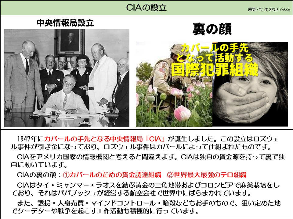 CIAの設立

中央情報局設立

裏の顔

カバートの手先となって活動する国際犯罪組織

学者

1947年にカバールの手先となる中央情報局 「CIA」が誕生しました。この設立はロズウェル事件が引き金になっており、ロズウェル事件はカバールによって仕組まれたものです。

CIAをアメリカ国家の情報機関と考えると間違えます。CIAは独自の資金源を持って裏で独自に動いています。

CIAの裏の顔: ①カバールのための資金調達組織 ②世界最大最強のテロ組織

CIAはタイ・ミャンマー・ラオスを結ぶ黄金の三角地帯およびコロンビアで麻薬栽培をしており、それはパパブッシュが経営する航空会社で世界中にばらまかれています。

また、誘拐・人身売買・マインドコントロール・暗殺などもお手のもので、狙い定めた地でクーデターや戦争を起こす工作活動も積極的に行っています。
