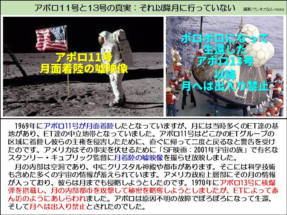 アポロ11号と13号の真実:それ以降月に行っていない

アポロ11号月面着陸の嘘映像

アポロ13号

月へは出入り禁止

1969年にアポロ11号が月面着陸したとなっていますが、月には当時多くのET達の基地があり、ET達の中立地帯となっていました。アポロ11号はどこかのETグループの区域に着陸し彼らの主権を侵害したために、直ぐに帰って二度と戻るなと警告を受けたのです。アメリカはその事実を伏せるために「SF映画:2001年宇宙の旅」で有名なスタンリー・キュブリック監督に月着陸の嘘映像を撮らせ放映しました。

月の内部は空洞であり、中にクリスタル神殿や都市があります。そこには科学技術も含めた多くの宇宙の情報が蓄えられています。アメリカ政府上層部にその月の情報が入っており、彼らは月までも侵略しようとしたのです。1970年にアポロ13号に核爆弾を搭載し、月の内部都市を攻撃して秘密を略奪しようとしましたが、ETによって赤ん坊のようにあしらわれました。アポロは原因不明の故障でぼろぼろになって生還、 そして月へは出入り禁止とされたのでした。