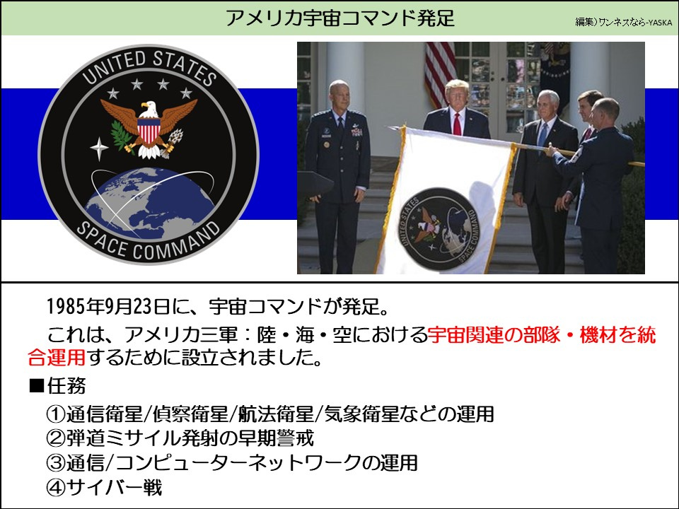 アメリカ宇宙コマンド発足

アメリカ合衆国

宇宙軍

アメリカ合衆国

宇宙軍

1985年9月23日に、宇宙コマンドが発足。

これは、アメリカ三軍:陸・海・空における宇宙関連の部隊・機材を統合運用するために設立されました。

タスク

①通信衛星/偵察衛星/航法衛星/気象衛星などの運用

②弾道ミサイル発射の早期警戒

③通信/コンピューターネットワークの運用

④サイバー戦