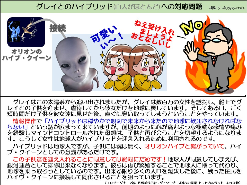 グレイとのハイブリッド(白人がほとんど)への対応問題

接続

オリオンのハイブ・クイーン

可愛いい~!

ねえ受け入れしましょうよ
おとなしいし

いいえ

グレイはこの太陽系から追い出されましたが、グレイは数百万の女性を誘拐し、船上でグレイとの子供を産ませ、虐待してから彼女だけを地球に戻しています。そしてある日、ごく短時間だけ子供を彼女達に見せた後、直ぐに奪い取ってしまうということをやっています。

情報操作で「ハイブリッドは穏やかで親切で未来から来たので地球に歓迎されなければならない」という話が広まって来ていますが、前期のように心が痛むような極端な感情や痛みを経験しマインドコントロールされた母親は、子供と再び会うことを切望するようになります。こうして女性は地球人がハイブリッドを迎え入れるために利用されるのです。

ハイブリッドは地球人ですが、子供には魂は無く、オリオンハイブと繋がっていて、ハイブ・クイーンとしての意識があるだけです。

この子供達を迎え入れることに同意しては絶対にだめです! 地球人が同意してしまえば、 銀河連合として排除出来なくなります。彼らは再び繁殖することで地球人に取って代わり、 地球を乗っ取ろうとしているのです。出来る限り多くの人口を淘汰した後に、残った住民をハイヴ・クイーンに接続して同化させることを狙っています。

(エレナ・ダナーン著、佐野美代子訳: ザ・シーダーズ神々の帰還上: ヒカルランド より抜粋)