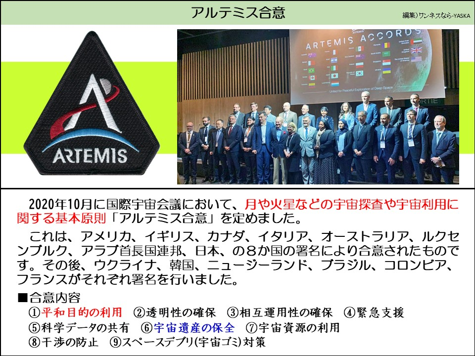 アルテミス合意

あなたは怖いです

アルテミス協定

深宇宙の有意義な探査

イラクサ

アルテミス

2020年10月に国際宇宙会議において、月や火星などの宇宙探査や宇宙利用に関する基本原則 「アルテミス合意」を定めました。

これは、アメリカ、イギリス、カナダ、イタリア、オーストラリア、ルクセンブルク、アラブ首長国連邦、日本、の8か国の署名により合意されたものです。その後、ウクライナ、韓国、ニュージーランド、ブラジル、コロンビア、 フランスがそれぞれ署名を行いました。

合意内容

①平和目的の利用

②透明性の確保

③相互運用性の確保

④緊急支援

⑤科学データの共有

⑥ 宇宙遺産の保全

⑦宇宙資源の利用

⑧干渉の防止 ⑨スペースデブリ(宇宙ゴミ)対策