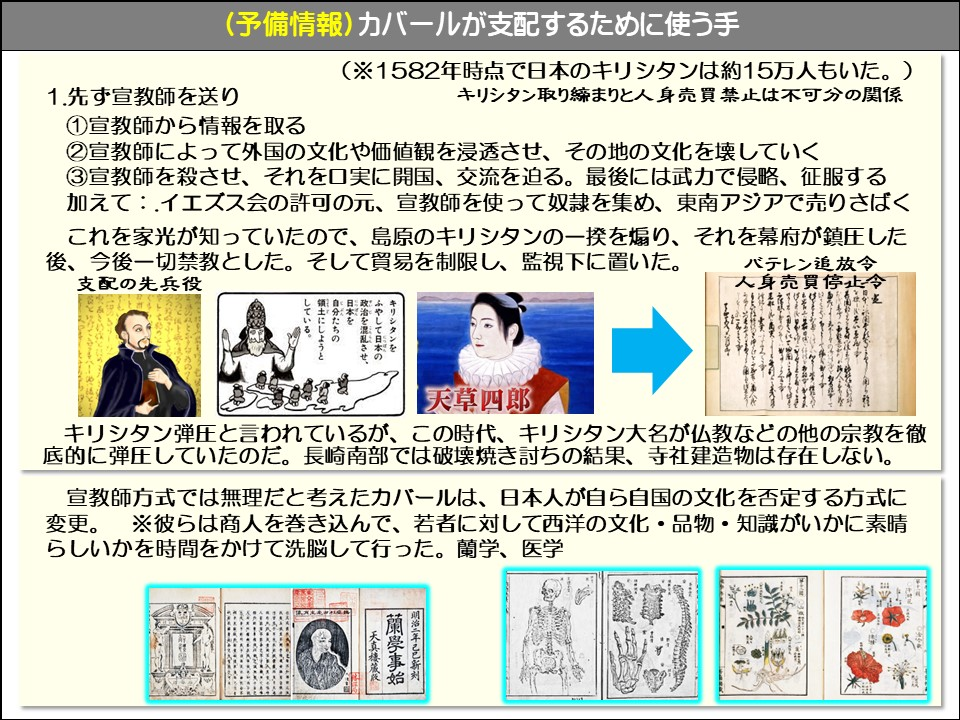 (予備情報)カバールが支配するために使う手

(※1582年時点で日本のキリシタンは約15万人もいた。)

キリシタン取り締まりと人身売買禁止は不可分の関係

1.先ず宣教師を送り

①宣教師から情報を取る

②宣教師によって外国の文化や価値観を浸透させ、その地の文化を壊していく

③宣教師を殺させ、それを口実に開国、交流を迫る。最後には武力で侵略、征服する

加えて:イエズス会の許可の元、宣教師を使って奴隷を集め、東南アジアで売りさばく

これを家光が知っていたので、島原のキリシタンの一揆を煽り、それを幕府が鎮圧した

後、今後一切禁教とした。そして貿易を制限し、監視下に置いた。

支配の先兵役

バテレン追放令人身売買停止令

キリシタンをふやして日本の政治を混乱させ、日本を自分たちの領土にしようとしている。

天草四郎

キリシタン弾圧と言われているが、この時代、キリシタン大名が仏教などの他の宗教を徹底的に弾圧していたのだ。長崎南部では破壊焼き討ちの結果、寺社建造物は存在しない。

宣教師方式では無理だと考えたカバールは、日本人が自ら自国の文化を否定する方式に変更。※彼らは商人を巻き込んで、若者に対して西洋の文化・品物・知識がいかに素晴らしいかを時間をかけて洗脳して行った。蘭学、医学

天真棲

藍雪師の始まり

明治二年乙巳新刻