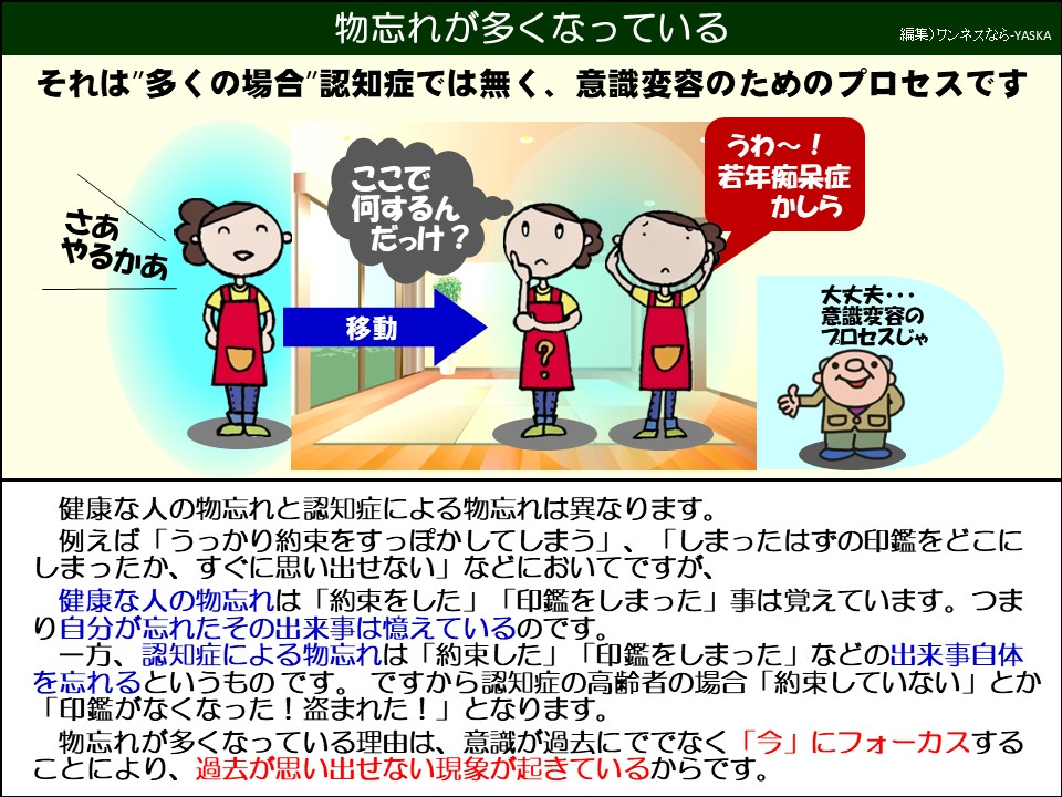 物忘れが多くなっている

それは”多くの場合”認知症では無く、意識変容のためのプロセスです

さあやるかあ

ここで何するんだっけ?

うわ~! 若年痴呆症かしら

移動

?

大丈夫……… 意識変容のプロセスじゃ

健康な人の物忘れと認知症による物忘れは異なります。

例えば「うっかり約束をすっぽかしてしまう」、「しまったはずの印鑑をどこにしまったか、すぐに思い出せない」などにおいてですが、 健康な人の物忘れは「約束をした」「印鑑をしまった」事は覚えています。つまり自分が忘れたその出来事は憶えているのです。 一方、認知症による物忘れは「約束した」「印鑑をしまった」などの出来事自体を忘れるというものです。ですから認知症の高齢者の場合「約束していない」とか 「印鑑がなくなった!盗まれた!」となります。

物忘れが多くなっている理由は、意識が過去にででなく「今」にフォーカスすることにより、過去が思い出せない現象が起きているからです。