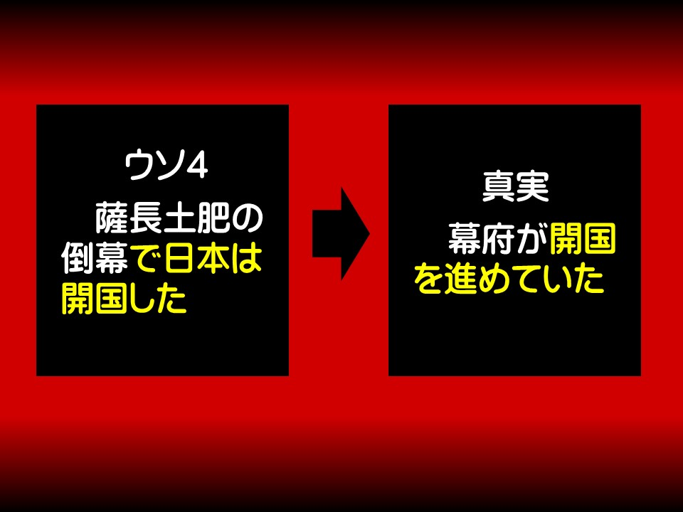 ウソ4

薩長土肥の

倒幕で日本は開国した

真実

幕府が開国を進めていた