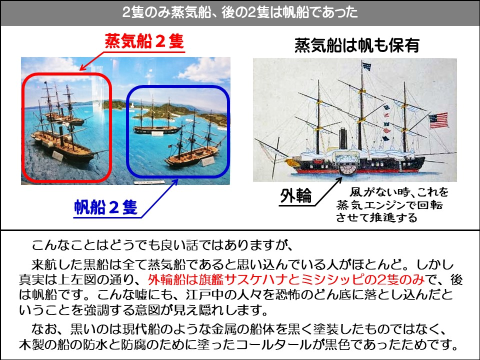 2隻のみ蒸気船、後の2隻は帆船であった

蒸気船2隻

蒸気船は帆も保有

帆船2隻

外輪

風がない時、これを蒸気エンジンで回転させて推進する

こんなことはどうでも良い話ではありますが、来航した黒船は全て蒸気船であると思い込んでいる人がほとんど。しかし真実は上左図の通り、外輪船は旗艦サスケハナとミシシッピの2隻のみで、後は帆船です。こんな嘘にも、江戸中の人々を恐怖のどん底に落とし込んだということを強調する意図が見え隠れします。

なお、黒いのは現代船のような金属の船体を黒く塗装したものではなく、 木製の船の防水と防腐のために塗ったコールタールが黒色であったためです。