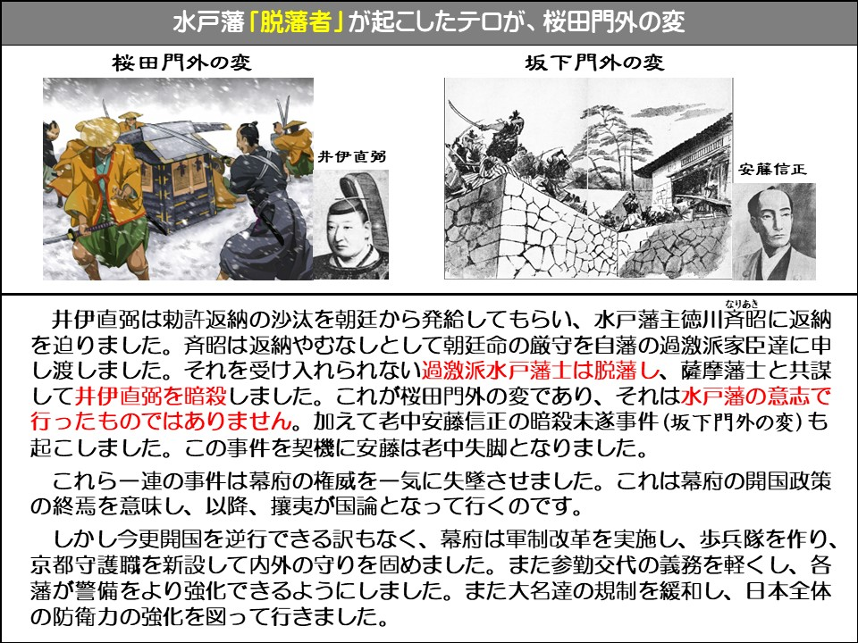 水戸藩「脱藩者」が起こしたテロが、桜田門外の変

桜田門外の変

坂下門外の変

井伊直弼

安藤信正



井伊直弼は勅許返納の沙汰を朝廷から発給してもらい、水戸藩主徳川斉昭（なりあき）に返納を迫りました。斉昭は返納やむなしとして朝廷命の厳守を自藩の過激派家臣達に申 。それを受け入れられない過激派水戸藩士は脱藩し、薩摩藩士と共謀して井伊直弼を暗殺しました。これが桜田門外の変であり、それは水戸藩の意志で行ったものではありません。加えて老中安藤信正の暗殺未遂事件(坂下門外の変)も起こしました。この事件を契機に安藤は老中失脚となりました。

これら一連の事件は幕府の権威を一気に失墜させました。これは幕府の開国政策の終焉を意味し、以降、攘夷が国論となって行くのです。

しかし今更開国を逆行できる訳もなく、幕府は軍制改革を実施し、歩兵隊を作り、 京都守護職を新設して内外の守りを固めました。また参勤交代の義務を軽くし、各藩が警備をより強化できるようにしました。また大名達の規制を緩和し、日本全体の防衛力の強化を図って行きました。