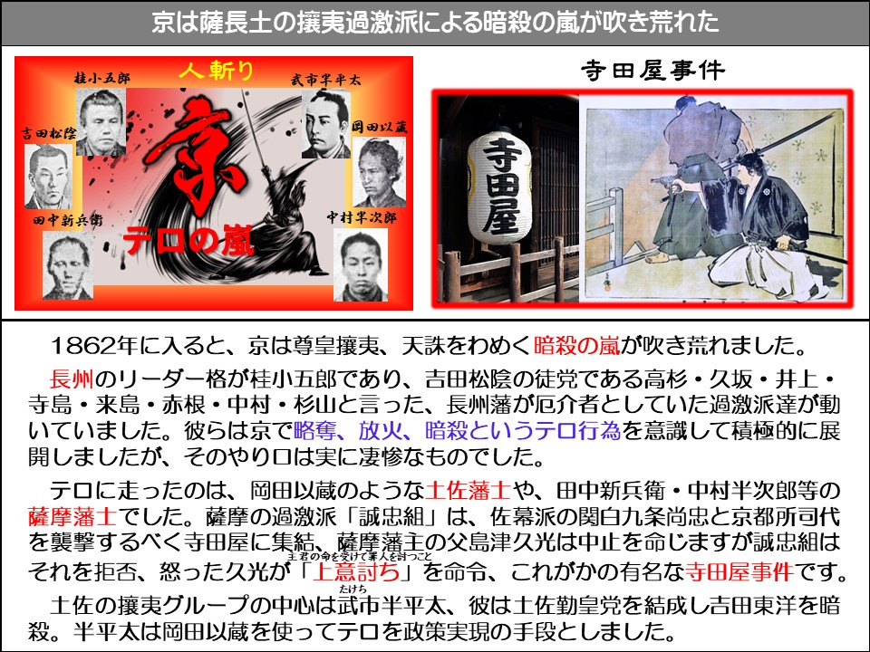京は薩長土の攘夷過激派による暗殺の嵐が吹き荒れた

桂小五郎

人斬り

武市半平太

寺田屋事件

吉田松陰

岡田以蔵

田中新兵衛

中村半次郎

寺田屋

1862年に入ると、京は尊皇攘夷、天誅をわめく暗殺の嵐が吹き荒れました。

長州のリーダー格が桂小五郎であり、吉田松陰の徒党である高杉・久坂・井上・ 寺島・来島・赤根・中村・杉山と言った、長州藩が厄介者としていた過激派達が動いていました。彼らは京で略奪、放火、暗殺というテロ行為を意識して積極的に展開しましたが、そのやり口は実に凄惨なものでした。

テロに走ったのは、岡田以蔵のような土佐藩士や、田中新兵衛・中村半次郎等の薩摩藩士でした。薩摩の過激派「誠忠組」は、佐幕派の関白九条尚忠と京都所司代を襲撃するべく寺田屋に集結、薩摩藩主の父島津久光は中止を命じますが誠忠組はそれを拒否、怒った久光が「上意討ち(主君の命を受けて罪人を討つこと)」を命令、これがかの有名な寺田屋事件です。 

土佐の攘夷グループの中心は武市(たけち)半平太、彼は土佐勤皇党を結成し吉田東洋を暗殺。半平太は岡田以蔵を使ってテロを政策実現の手段としました。