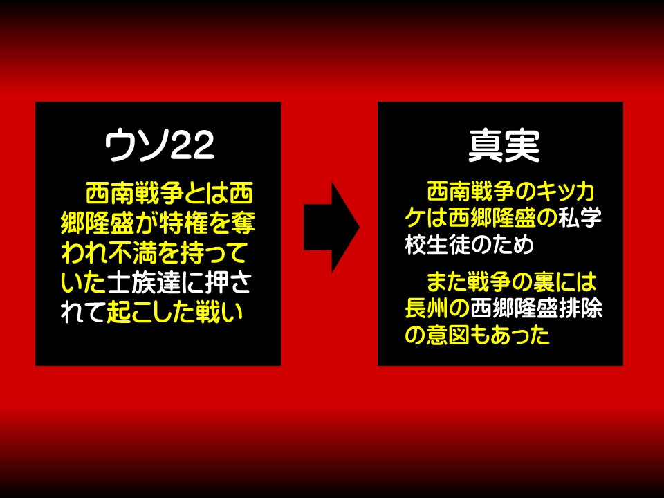 ウソ22

西南戦争とは西郷隆盛が特権を奪われ不満を持っていた士族達に押されて起こした戦い

真実

西南戦争のキッカケは西郷隆盛の私学校生徒のため

また戦争の裏には長州の西郷隆盛排除の意図もあった