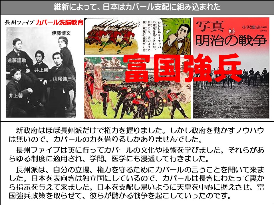 維新によって、日本はカバール支配に組み込まれた

長州ファイブ:カバール洗脳教育

遠藤仁輔

伊藤博文

井上勝

山尾傭三

井上馨

わたしはヨーロッパの軍隊を見てきたが、日本にも、あのように強い軍隊が必要だと思う!

写真 明治の戦争

小沢健志

富国強兵

新政府はほぼ長州派だけで権力を握りました。しかし政府を動かすノウハウは無いので、カバールの力を借りるしかありませんでした。

長州ファイブは英に行ってカバールの文化や技術を学びました。それらがあらゆる制度に適用され、学問、医学にも浸透して行きました。

長州派は、自分の立場、権力を守るためにカバールの言うことを聞いて来ました。日本を表向きは独立国にしているので、カバールは長きにわたって裏から指示を与えて来ました。日本を支配し易いように天皇を中心に据えさせ、富国強兵政策を取らせて、彼らが儲かる戦争を起こしていったのです。
