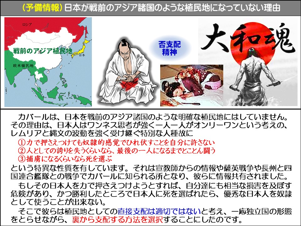 (予備情報)

日本が戦前のアジア諸国のような植民地になっていない理由

ロシア

戦前のアジア植民地

欧米植民地。

否支配精神

大和魂

日本

カバールは、日本を戦前のアジア諸国のような明確な植民地にはしていません。 その理由は、日本人はワンネス思考が強く一人一人がオンリーワンという考えの、レムリアと縄文の波動を強く受け継ぐ特別な人種故に

①力で押さえつけても奴隷的感覚でひれ伏すことを自分に許さない ②人としての誇りを失うくらいなら、最後の一人になるまでとことん闘う ③捕虜になるくらいなら死を選ぶ

という特異な性質を有しています。それは宣教師からの情報や薩英戦争や長州と四国連合艦隊との戦争でカバールに知られる所となり、彼らに情報共有されました。

もしその日本人を力で押さえつけようとすれば、自分達にも相当な損害を及ぼす危険があり、かつ勝利したところで日本人に死を選ばれたら、優秀な日本人を奴隷として使うことが出来ない。

そこで彼らは植民地としての直接支配は適切ではないと考え、一応独立国の形態をとらせながら、裏から支配する方法を選択することにしたのです。
