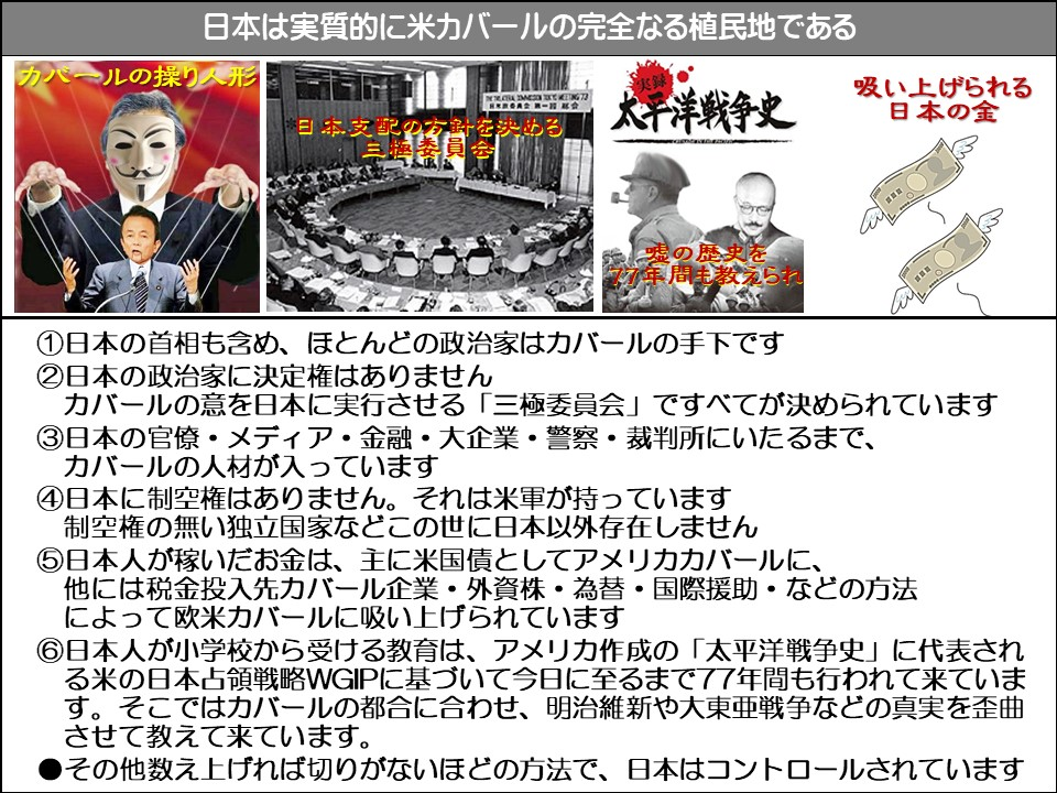 日本は実質的に米カバールの完全なる植民地である

カバールの操り人形

日本支配の方針を決める

太平洋戦争史

吸い上げられる日本の金

嘘の歴史を 77年間も教えられ

①日本の首相も含め、ほとんどの政治家はカバールの手下です

②日本の政治家に決定権はありませんカバールの意を日本に実行させる「三極委員会」ですべてが決められています

③日本の官僚・メディア・金融・大企業・警察・裁判所にいたるまで、 カバールの人材が入っています

④日本に制空権はありません。それは米軍が持っています制空権の無い独立国家などこの世に日本以外存在しません

⑤日本人が稼いだお金は、主に米国債としてアメリカカバールに、 他には税金投入先カバール企業・外資株・為替・国際援助・などの方法によって欧米カバールに吸い上げられています

⑥日本人が小学校から受ける教育は、アメリカ作成の「太平洋戦争史」に代表される米の日本占領戦略WGIPに基づいて今日に至るまで77年間も行われて来ています。そこではカバールの都合に合わせ、明治維新や大東亜戦争などの真実を歪曲させて教えて来ています。

その他数え上げれば切りがないほどの方法で、日本はコントロールされています