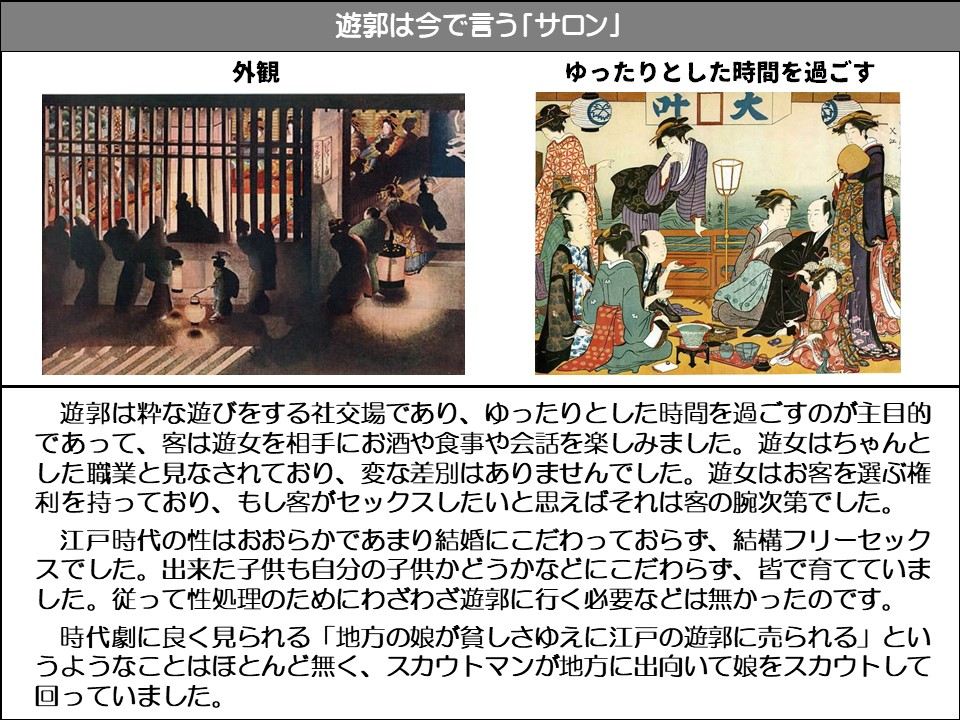 遊郭は今で言う「サロン」

外観

ゆったりとした時間を過ごす

遊郭は粋な遊びをする社交場であり、ゆったりとした時間を過ごすのが主目的であって、客は遊女を相手にお酒や食事や会話を楽しみました。遊女はちゃんとした職業と見なされており、変な差別はありませんでした。遊女はお客を選ぶ権利を持っており、もし客がセックスしたいと思えばそれは客の腕次第でした。

江戸時代の性はおおらかであまり結婚にこだわっておらず、結構フリーセックスでした。出来た子供も自分の子供かどうかなどにこだわらず、皆で育てていました。従って性処理のためにわざわざ遊郭に行く必要などは無かったのです。 時代劇に良く見られる「地方の娘が貧しさゆえに江戸の遊郭に売られる」というようなことはほとんど無く、スカウトマンが地方に出向いて娘をスカウトして回っていました。