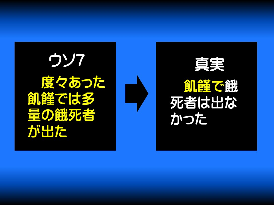 ウソ7

度々あった飢饉では多量の餓死者が出た

真実

飢饉で餓死者は出なかった
