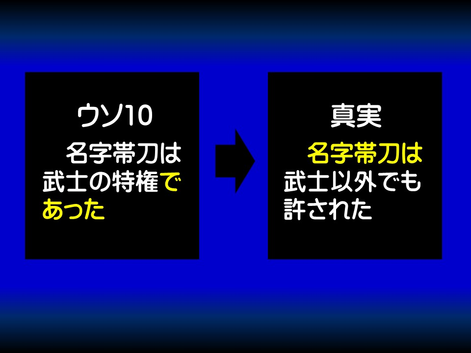 ウソ10

名字帯刀は武士の特権であった

真実

名字帯刀は武士以外でも許された