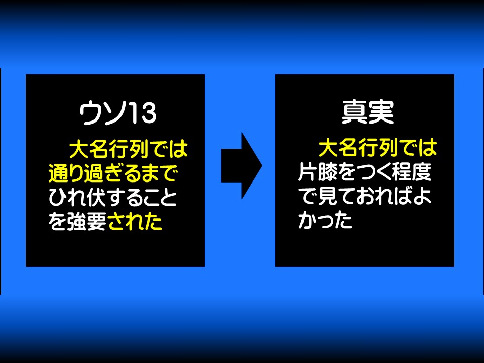 ウソ13

大名行列では通り過ぎるまでひれ伏することを強要された

真実

大名行列では片膝をつく程度で見ておればよかった
