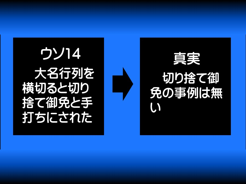 ウソ14

大名行列を横切ると切り捨て御免と手打ちにされた

真実

切り捨て御免の事例は無い